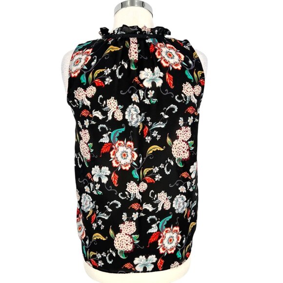 Violet & Claire Black Floral Print Sleeveless Blouse Ruffle Neck Size Small - Picture 7 of 12